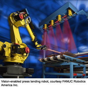 Vision-enabled press tending robot, courtesy FANUC Robotics America, Inc.