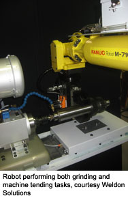 Robot performing both grinding and machine tending tasks, courtesy Weldon Solutions