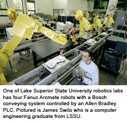 One of Lake Superior State University robotics labs has four Fanuc Arcmate robots with a Bosch conveying system controlled by an Allen Bradley PLC. Pictured is James Swilo who is a computer engineering graduate from LSSU.