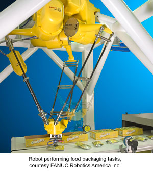 Robot performing food packaging tasks, courtesy FANUC Robotics America Inc.