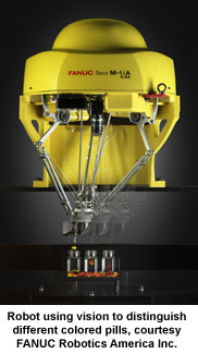 Robot using vision to distinguish different colored pills, courtesy FANUC Robotics America Inc.