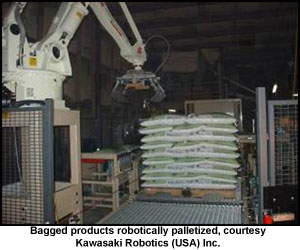 Bagged products robotically palletized, courtesy Kawasaki Robotics (USA) Inc.