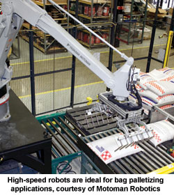 High-speed robots are ideal for bag palletizing applications, courtesy of Motoman Robotics