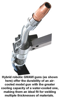 Hybrid robotic GMAW guns (as shown here) offer the durability of an air-cooled model gun with the greater cooling capacity of a water-cooled one, making them an ideal fit for welding multiple thicknesses of materials. 