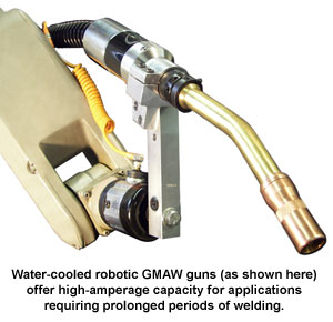 Water-cooled robotic GMAW guns (as shown here) offer high-amperage capacity for applications requiring prolonged periods of welding.