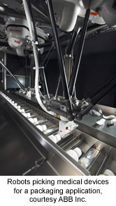 Robots picking medical devices for a packaging application, courtesy ABB Inc.