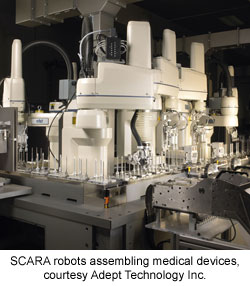 SCARA robots assembling medical devices, courtesy Adept Technology Inc.