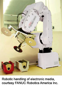 Robotic handling of electronic media, courtesy FANUC Robotics America Inc.