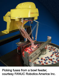 Picking fuses from a bowl feeder, courtesy FANUC Robotics America Inc.