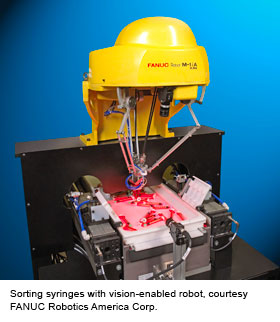 Sorting syringes with vision-enabled robot, courtesy FANUC Robotics America Corp.