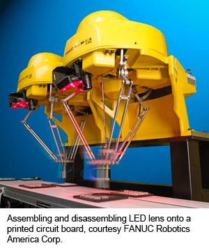 Assembling and disassembling LED lens onto a printed circuit board, courtesy FANUC Robotics America Corp.