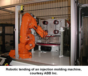 Robotic tending of an injection molding machine, courtesy ABB Inc.
