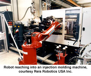 Robot reaching into an injection molding machine, courtesy Reis Robotics USA Inc.