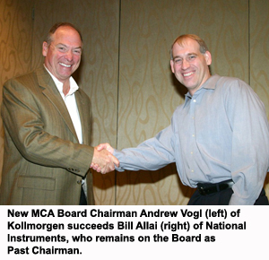 New MCA Board Chairman Andrew Vogl (left) of Kollmorgen succeeds Bill Allai (right) of National Instruments, who remains on the Board as Past Chairman.