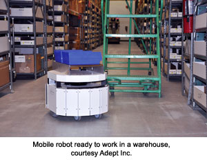 Mobile robot ready to work in a warehouse, courtesy Adept Inc.