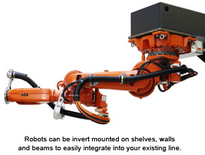 Robots can be invert mounted on shelves, walls and beams to easily integrate into your existing line.