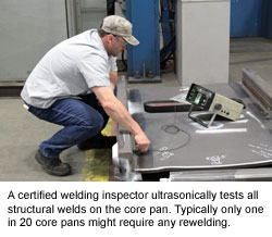 A certified welding inspector ultrasonically tests all structural welds on the core pan. Typically only one in 20 core pans might require any rewelding.