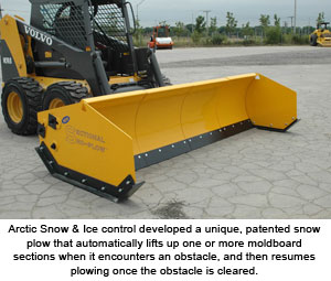 Arctic Snow & Ice control developed a unique, patented snow plow that automatically lifts up one or more moldboard sections when it encounters an obstacle, and then resumes plowing once the obstacle is cleared.