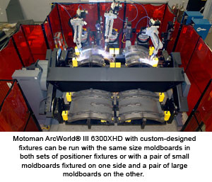 Motoman ArcWorld® III 6300XHD with custom-designed fixtures can be run with the same size moldboards in both sets of positioner fixtures or with a pair of small moldboards fixtured on one side and a pair of large moldboards on the other. 