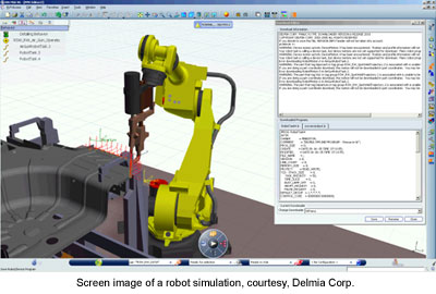 Screen image of a robot simulation, courtesy, Delmia Corp.