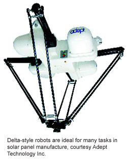 Delta-style robots are ideal for many tasks in solar panel manufacture, courtesy Adept Technology Inc.