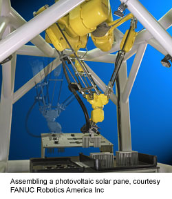 Assembling a photovoltaic solar pane, courtesy FANUC Robotics America Inc.