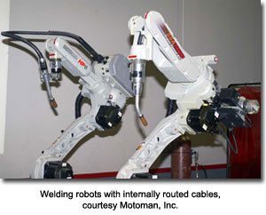 Welding robots with internally routed cables, courtesy Motoman, Inc.