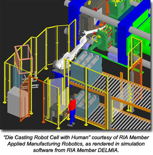 "Die Casting Robot Cell with Human" courtesy of RIA Member Applied Manufacturing Technologies, as rendered in simulation software from RIA Member DELMIA.