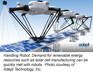 Wafer Handling Robot: Demand for renewable energy resources such as solar cell manufacturing can be quickly met with robots. Photo courtesy of Adept Technology, Inc.