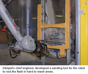 Intrepid’s chief engineer developed a sanding tool for the robot to rout the flash in hard to reach areas. 