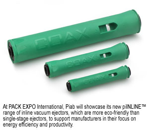 At PACK EXPO International, Piab will showcase its new piINLINE™ range of inline vacuum ejectors, which are more eco-friendly than single-stage ejectors, to support manufacturers in their focus on energy efficiency and productivity.