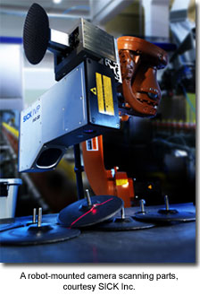 A robot-mounted camera scanning parts, courtesy SICK Inc.