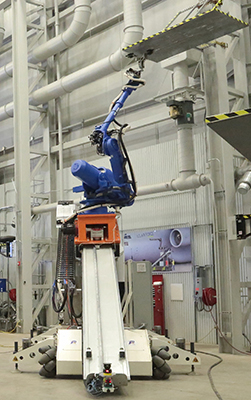 First multi-purpose robot designed for use on the aerospace factory floor for aircraft sanding and coating removal using advanced sensors to conduct real-time path planning and analysis as it moves around the aircraft. (Courtesy of Southwest Research Institute)