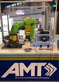 A dual robotic cell demonstrating the functionalities of a force-controlled collaborative robot compared with a sensor-controlled traditional industrial robot to show how human-robot collaboration technology can be applied in different ways. (Courtesy of Applied Manufacturing Technologies, LLC)