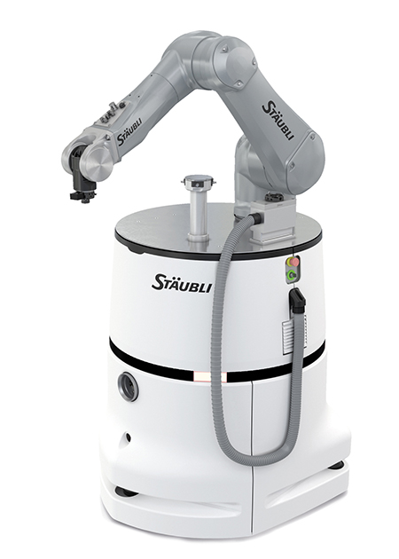 Mobile robot system with a fully integrated onboard collaborative robot can autonomously navigate its environment while working safely alongside employees. (Courtesy of Stäubli)