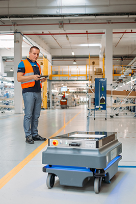 A fleet of mobile robots is intuitively programmed without extensive training and easily adapts to changes in the factory layout. (Courtesy Mobile Industrial Robots)