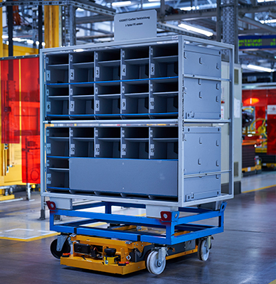 Autonomous mobile robot receives its orders from the cloud and transports roll containers across the plant, making sure the automaker’s production lines receive parts reliably and on time. (Courtesy of BMW Group)