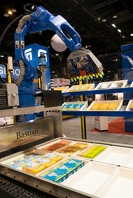 Developed using ROS open-source tools, robotic mobile manipulator picks multiple product types and batches with greater efficiency. (Courtesy of Bastian Solutions)