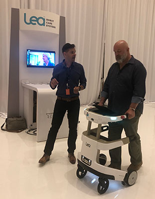 Cloud-connected robotic walker for patients with Parkinson’s and other musculoskeletal conditions automatically maneuvers around obstacles and responds to voice commands. (Courtesy of Amazon Web Services)