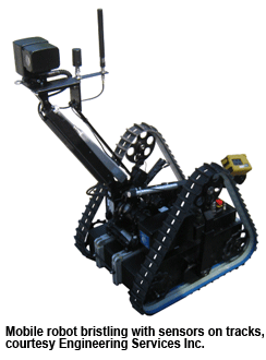 Mobile robot bristling with sensors on tracks, courtesy Engineering Services Inc.