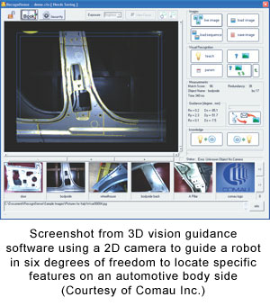 Screenshot from 3D vision guidance software using a 2D camera to guide a robot in six degrees of freedom to locate specific features on an automotive body side (Courtesy of Comau Inc.)