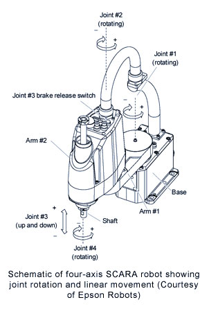 Schematic of four-axis SCARA robot showing joint rotation and linear movement (Courtesy of Epson Robots)