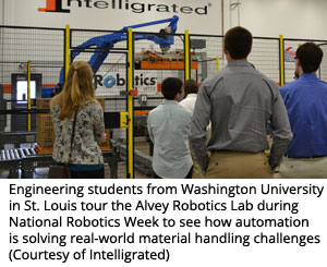 Engineering students from Washington University in St. Louis tour the Alvey Robotics Lab during National Robotics Week to see how automation is solving real-world material handling challenges (Courtesy of Intelligrated)