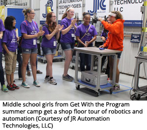 Middle school girls from Get With the Program summer camp get a shop floor tour of robotics and automation (Courtesy of JR Automation Technologies, LLC)