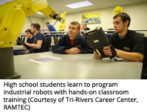 High school students learn to program industrial robots with hands-on classroom training (Courtesy of Tri-Rivers Career Center, RAMTEC)