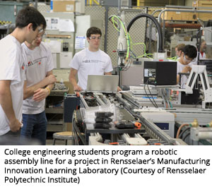 College engineering students program a robotic assembly line for a project in Rensselaer’s Manufacturing Innovation Learning Laboratory (Courtesy of Rensselaer Polytechnic Institute)