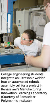College engineering students integrate an ultrasonic welder into an automated robotic assembly cell for a project in Rensselaer’s Manufacturing Innovation Learning Laboratory (Courtesy of Rensselaer Polytechnic Institute)