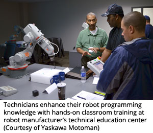 Technicians enhance their robot programming knowledge with hands-on classroom training at robot manufacturer’s technical education center (Courtesy of Yaskawa Motoman)