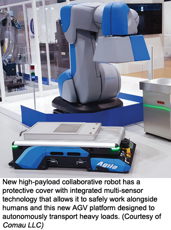 New high-payload collaborative robot has a protective cover with integrated multi-sensor technology that allows it to safely work alongside humans and this new AGV platform designed to autonomously transport heavy loads. (Courtesy of Comau LLC)