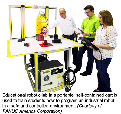 Educational robotic lab in a portable, self-contained cart is used to train students how to program an industrial robot in a safe and controlled environment. (Courtesy of FANUC America Corporation)